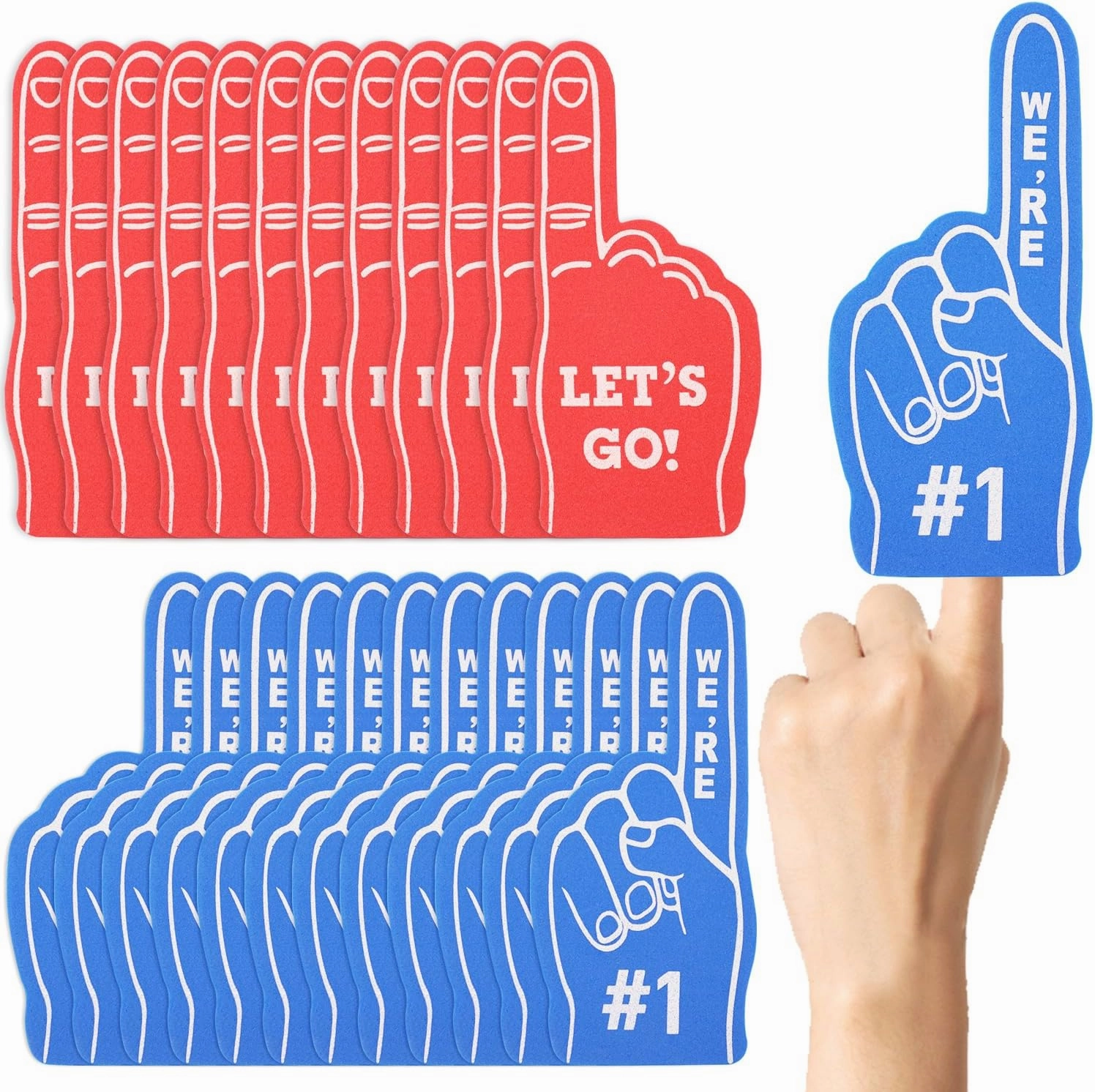 48 Pcs Mini Foam Fingers, We're #1 Sport Fan Foam Finger for Sports Hand Themed Party, Foam Hand Fingers Cheerleader Gifts for Basketball Baseball Soccer Football Sporting Event (Red and Blue)