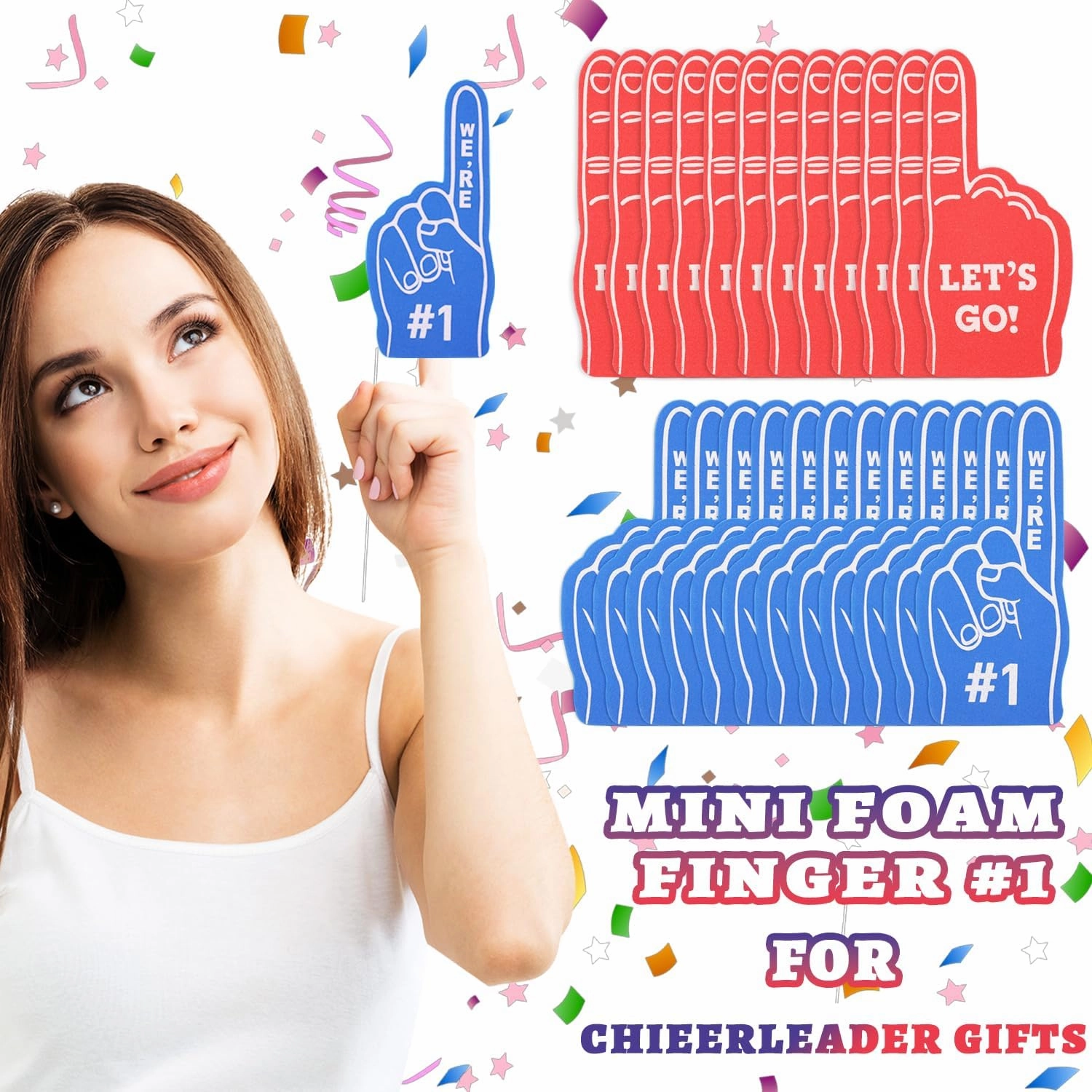48 Pcs Mini Foam Fingers, We're #1 Sport Fan Foam Finger for Sports Hand Themed Party, Foam Hand Fingers Cheerleader Gifts for Basketball Baseball Soccer Football Sporting Event (Red and Blue)