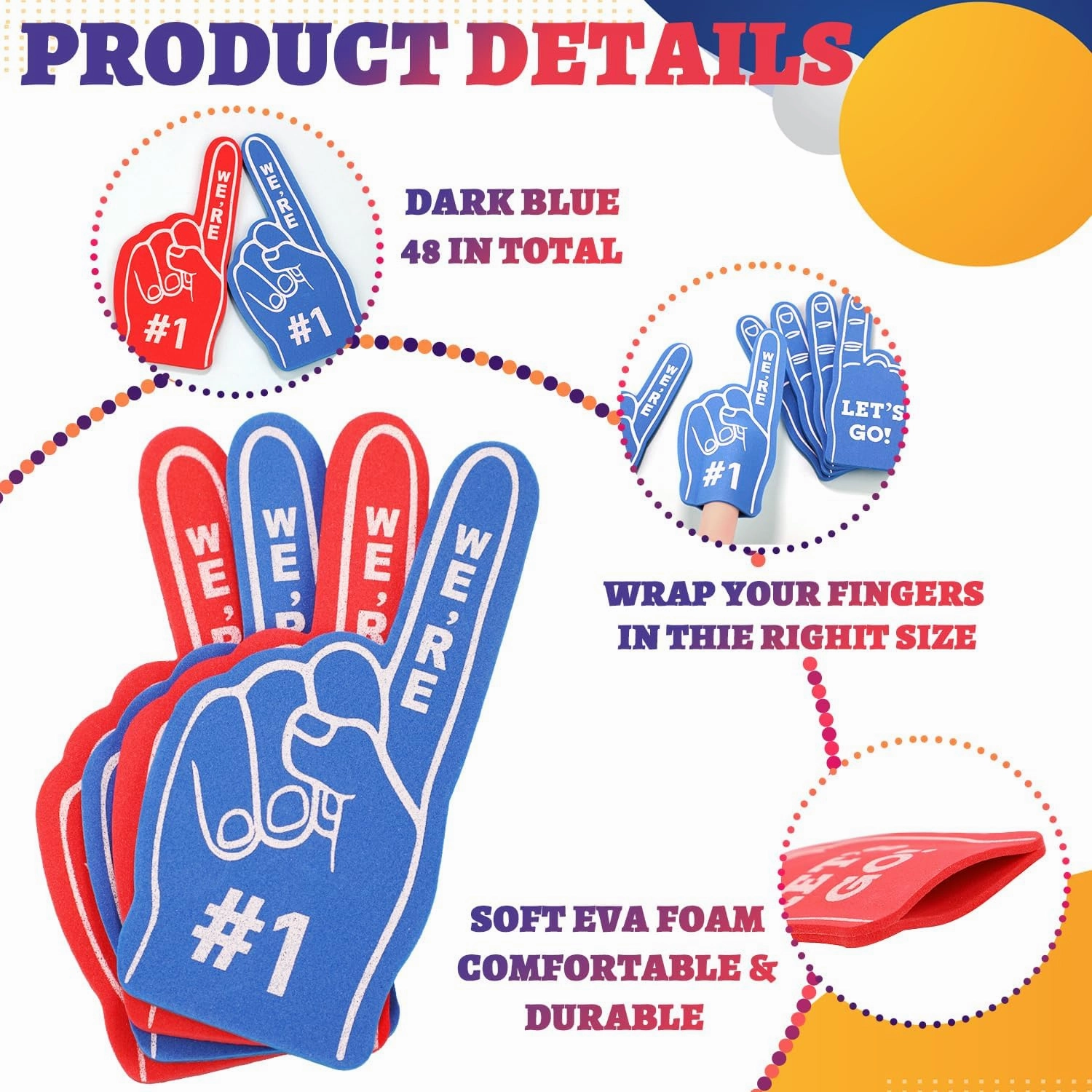 48 Pcs Mini Foam Fingers, We're #1 Sport Fan Foam Finger for Sports Hand Themed Party, Foam Hand Fingers Cheerleader Gifts for Basketball Baseball Soccer Football Sporting Event (Red and Blue)