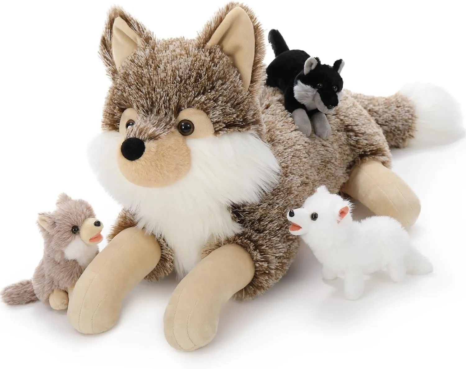 4Pcs Wolf Stuffed Animals Set, Grey Mommy Wolf Plush 20 Inch with 3 Baby Wolves, Realistic Wolf Toys for Wolf Lover Party Favors, Gifts for Boys Girls Birthday