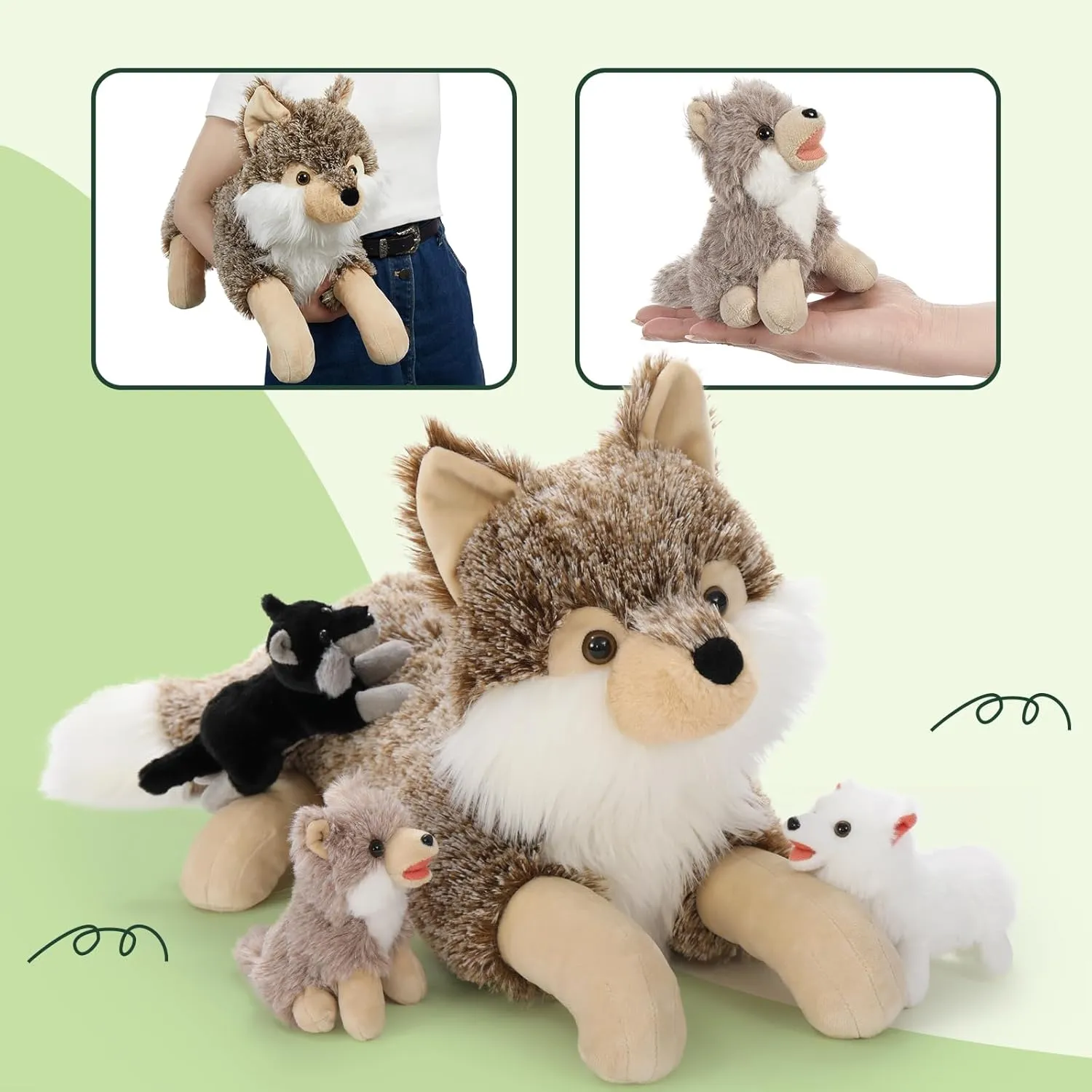 4Pcs Wolf Stuffed Animals Set, Grey Mommy Wolf Plush 20 Inch with 3 Baby Wolves, Realistic Wolf Toys for Wolf Lover Party Favors, Gifts for Boys Girls Birthday