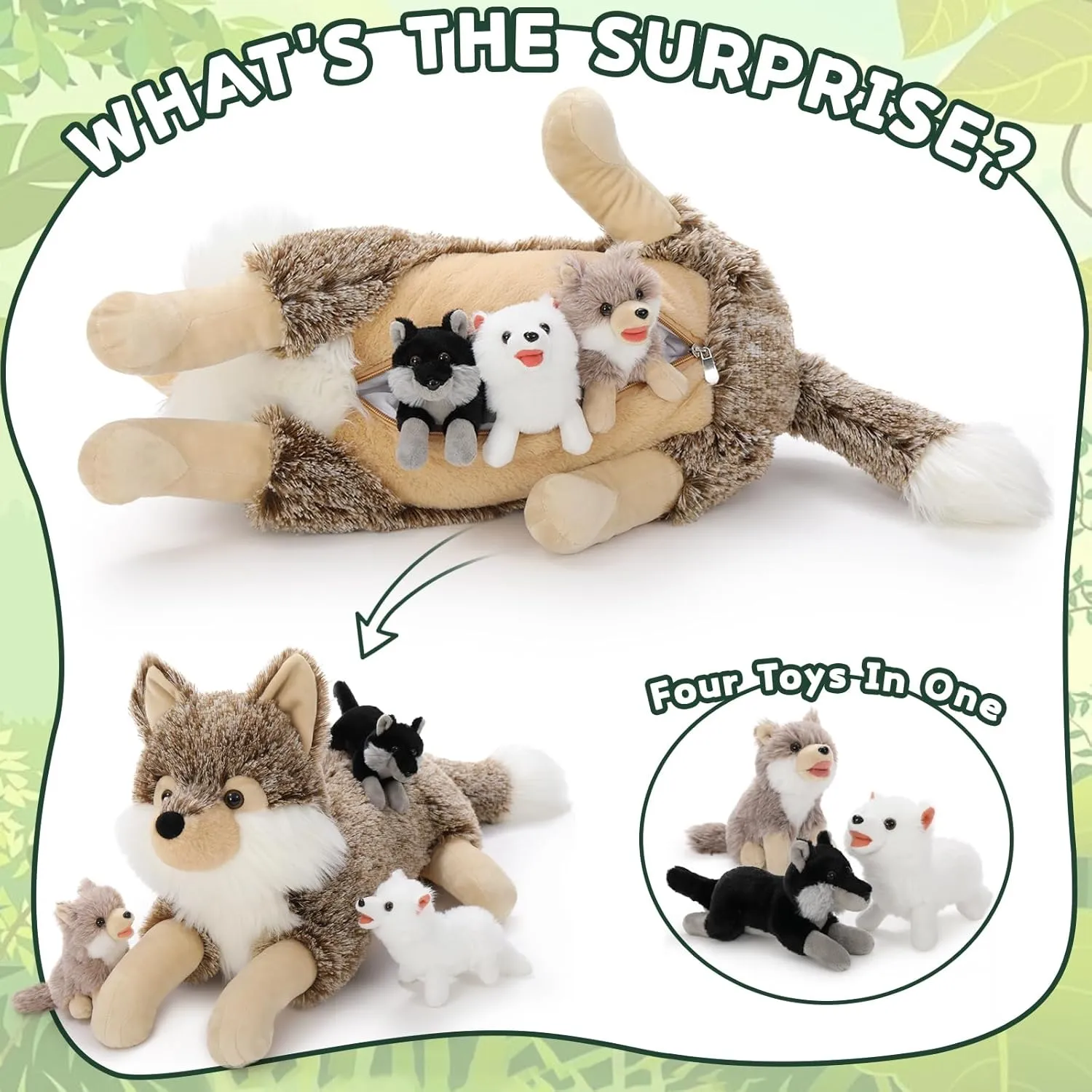 4Pcs Wolf Stuffed Animals Set, Grey Mommy Wolf Plush 20 Inch with 3 Baby Wolves, Realistic Wolf Toys for Wolf Lover Party Favors, Gifts for Boys Girls Birthday