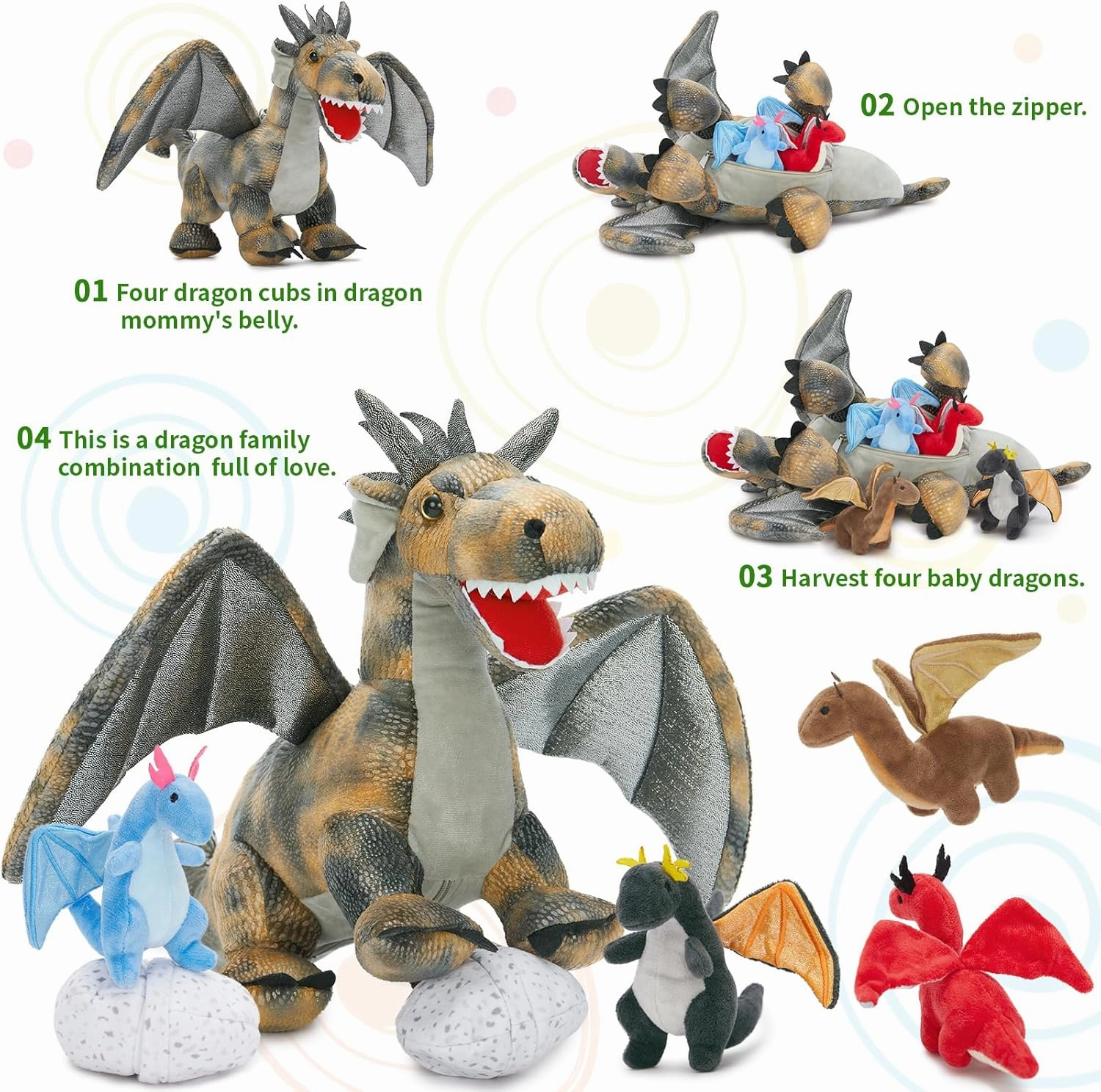 7Pcs Gray Dragon Plush Toy Set, Mother Flying Dinosaur Stuffed Animal with 4 Baby Dragon & 2 Eggs Inside, Dinosaur Stuffed Toy for Kids, Christmas Birthday Children's Day Gift for Boys Girls