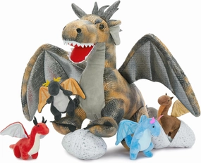 7Pcs Gray Dragon Plush Toy Set, Mother Flying Dinosaur Stuffed Animal with 4 Baby Dragon & 2 Eggs Inside, Dinosaur Stuffed Toy for Kids, Christmas Birthday Children's Day Gift for Boys Girls