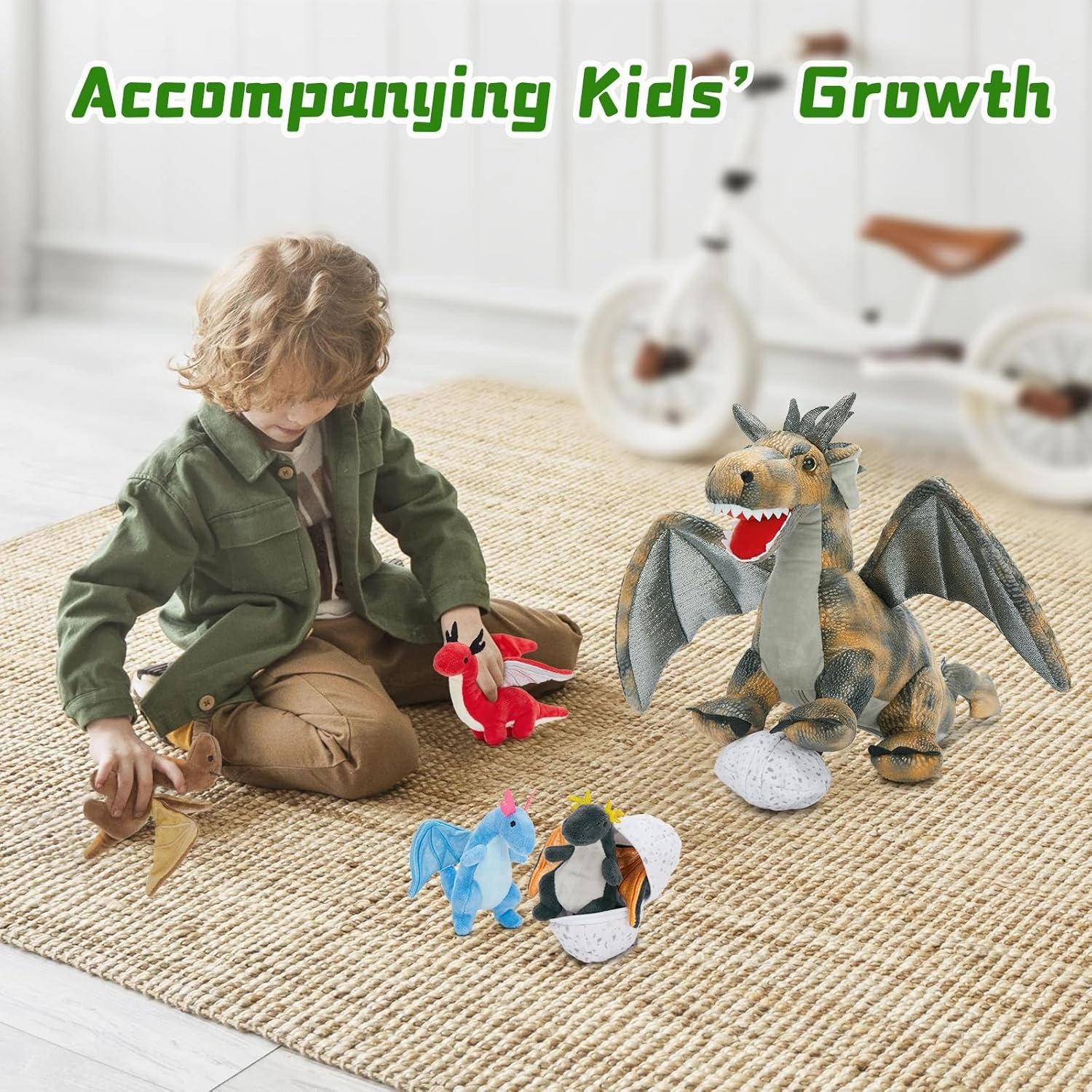7Pcs Gray Dragon Plush Toy Set, Mother Flying Dinosaur Stuffed Animal with 4 Baby Dragon & 2 Eggs Inside, Dinosaur Stuffed Toy for Kids, Christmas Birthday Children's Day Gift for Boys Girls
