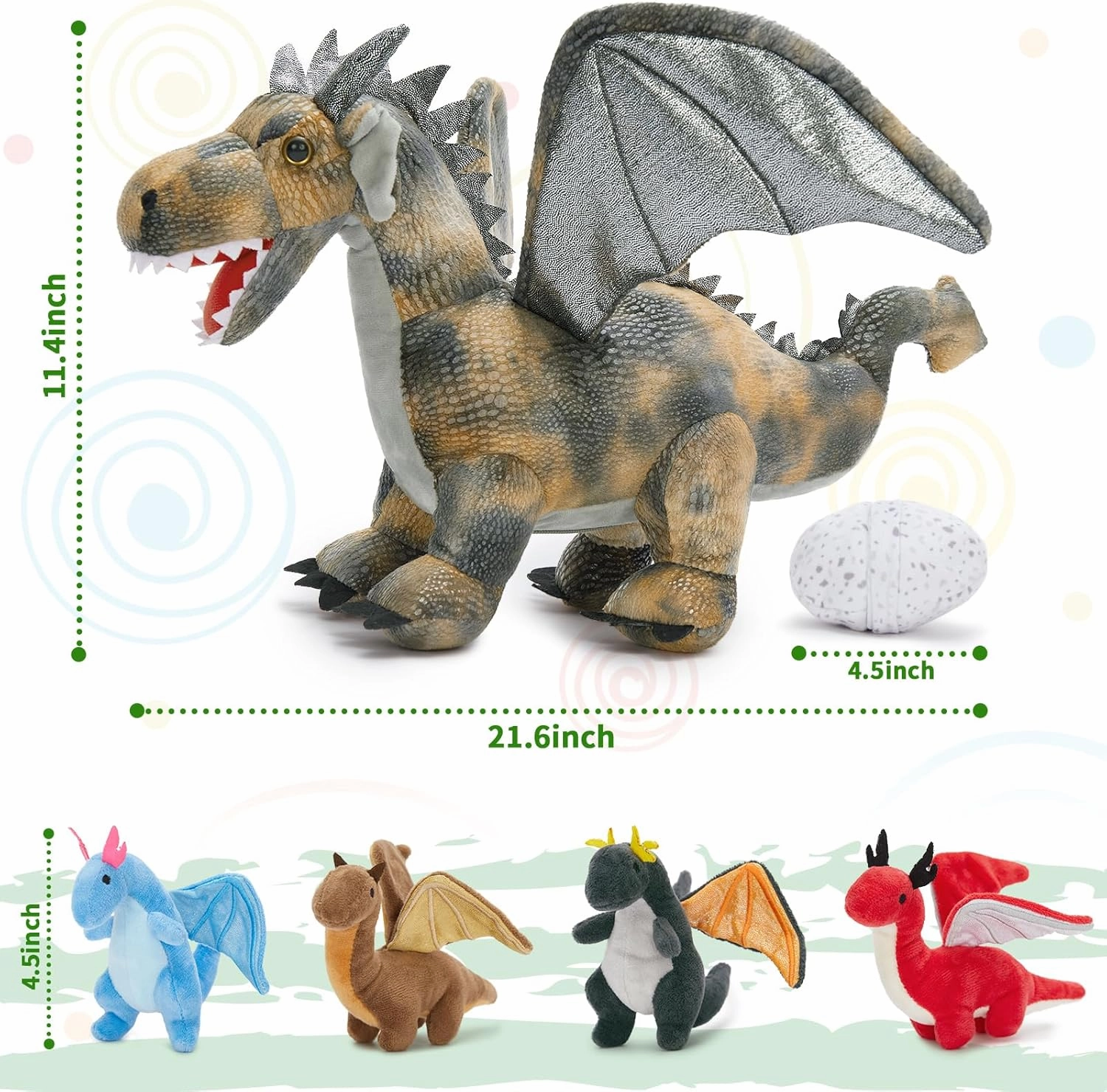 7Pcs Gray Dragon Plush Toy Set, Mother Flying Dinosaur Stuffed Animal with 4 Baby Dragon & 2 Eggs Inside, Dinosaur Stuffed Toy for Kids, Christmas Birthday Children's Day Gift for Boys Girls