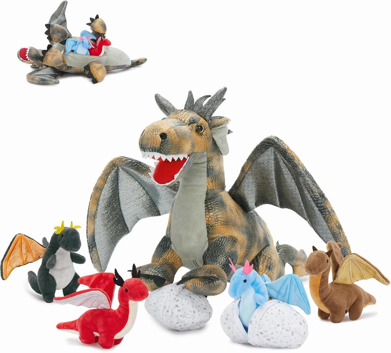 7Pcs Gray Dragon Plush Toy Set, Mother Flying Dinosaur Stuffed Animal with 4 Baby Dragon & 2 Eggs Inside, Dinosaur Stuffed Toy for Kids, Christmas Birthday Children's Day Gift for Boys Girls