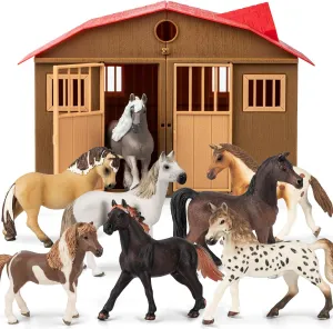 8 in 1 Horse Toy Set for Girls 6-12, 8 Pcs Realistic 5'' Plastic Figurines With Stable, Farm Animal Gift for Boys Toddlers Kids Birthday, Black