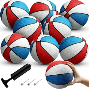 8 Pack 7 Inch Mini Rubber Basketballs Set Small Basketball with Air Pump Mini Hoop Junior Size 3 Basketballs for Beginner Arcade Games Indoor Outdoor Pool Party Favors(Red White and Blue)