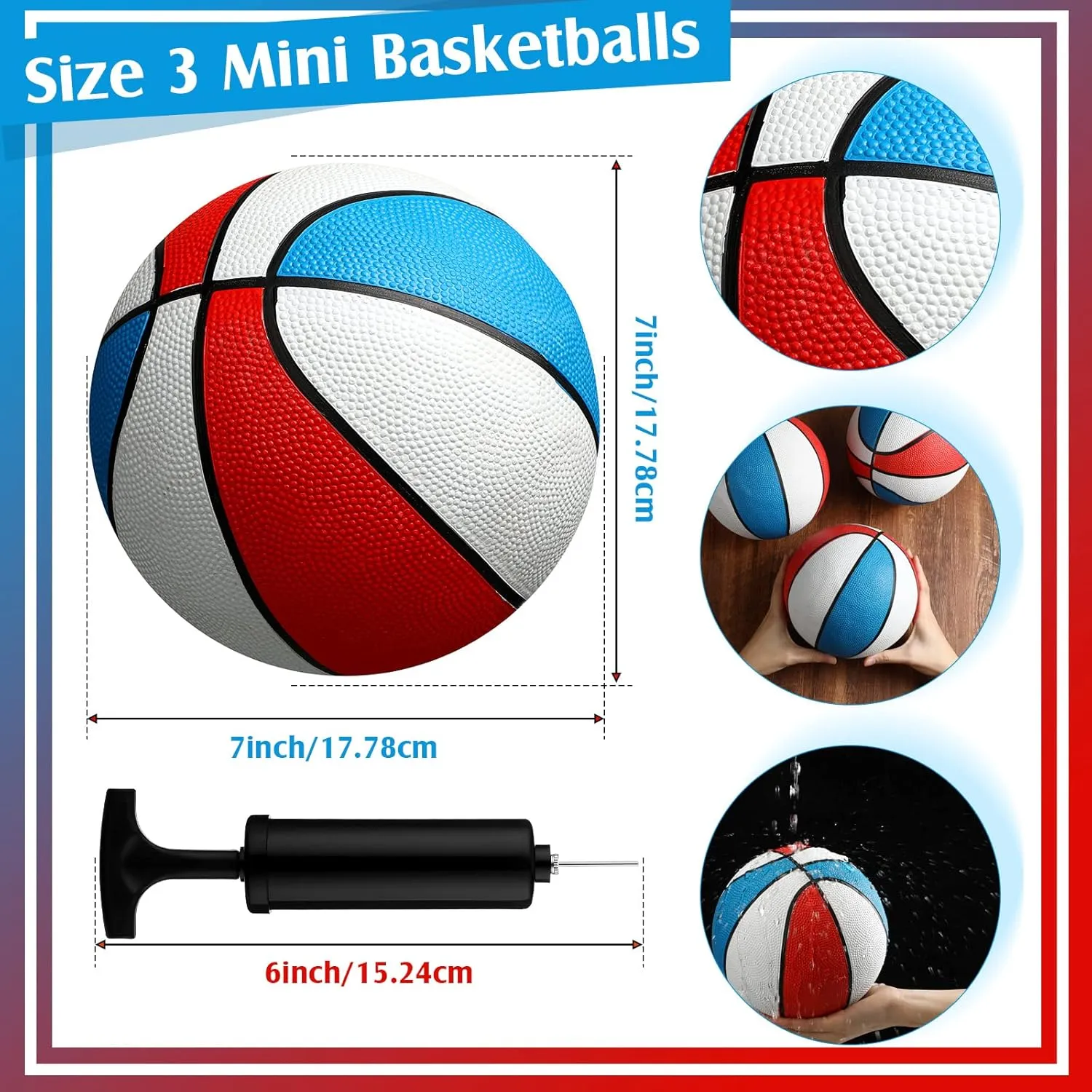8 Pack 7 Inch Mini Rubber Basketballs Set Small Basketball with Air Pump Mini Hoop Junior Size 3 Basketballs for Beginner Arcade Games Indoor Outdoor Pool Party Favors(Red White and Blue)