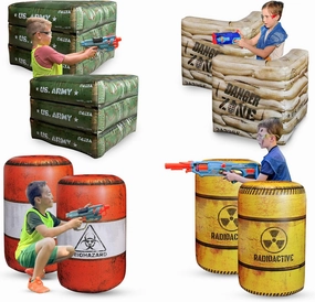 8-Piece Combat Battlefield Inflatable Set for Action Games — 4 Barrels, 2 Army Boxes, 2 Sandbag Barricades for Laser Tag, Water Gun, and Adventure Parties
