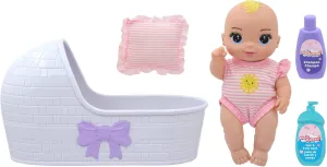 8" Baby Doll & Bassinet Gift Set - Sun, Pink, White - Bed & Pillow, Hard Body, 2 Care Bottle Toy Accessories, Kids & Toddlers Age 2 
