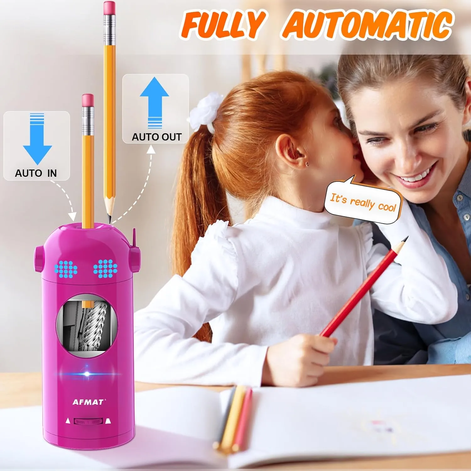 AFMAT Electric Pencil Sharpener for Colored Pencils 7-11.5mm, Auto in & Out, Fully Automatic Rechargeable Hands-Free Pencil Sharpener, Purple, ET