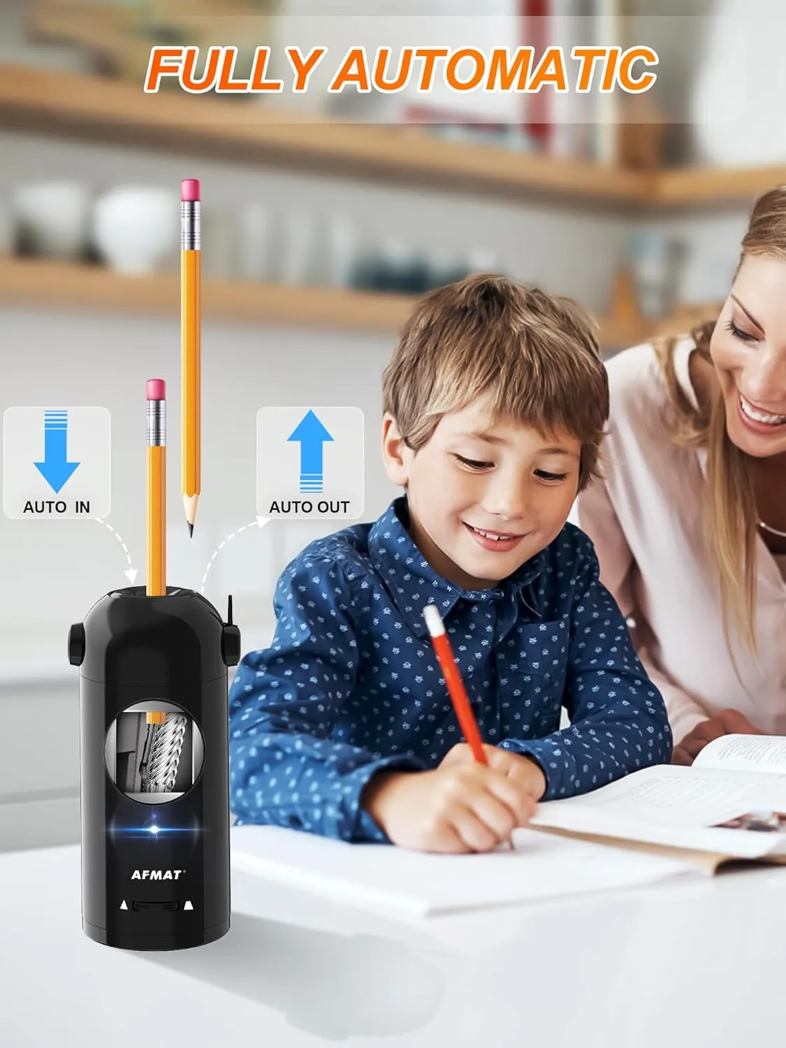 AFMAT Electric Pencil Sharpener for Colored Pencils 7-11.5mm, Robot Pencil Sharpener, Fully Automatic Rechargeable Hands-Free Pencil Sharpeners for Large Pencils, Home, Classroom, Battery Operated