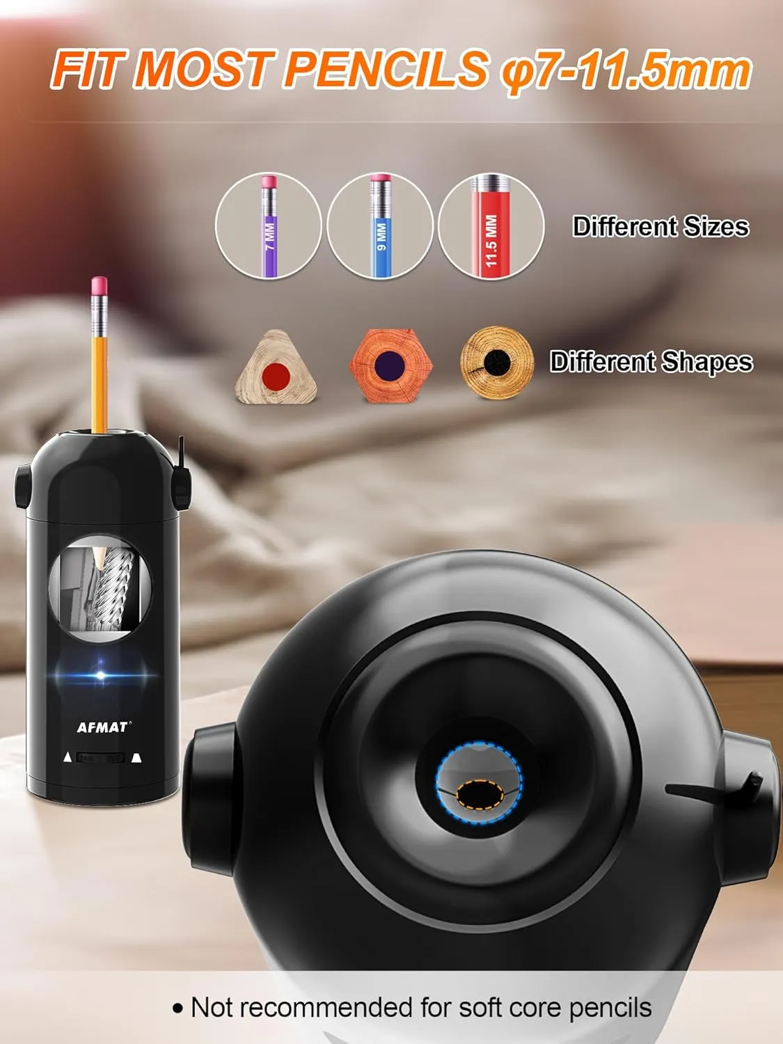 AFMAT Electric Pencil Sharpener for Colored Pencils 7-11.5mm, Robot Pencil Sharpener, Fully Automatic Rechargeable Hands-Free Pencil Sharpeners for Large Pencils, Home, Classroom, Battery Operated