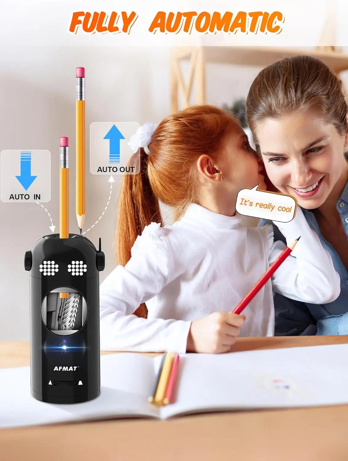 AFMAT Electric Pencil Sharpener - Fully Automatic, Robot for 7-11.5mm Pencils, Rechargeable, Hands-Free, Battery Operated for Home, Office, Classroom