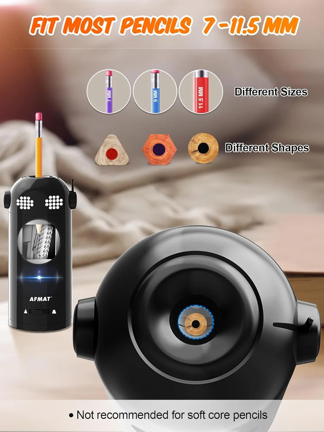 AFMAT Electric Pencil Sharpener - Fully Automatic, Robot for 7-11.5mm Pencils, Rechargeable, Hands-Free, Battery Operated for Home, Office, Classroom