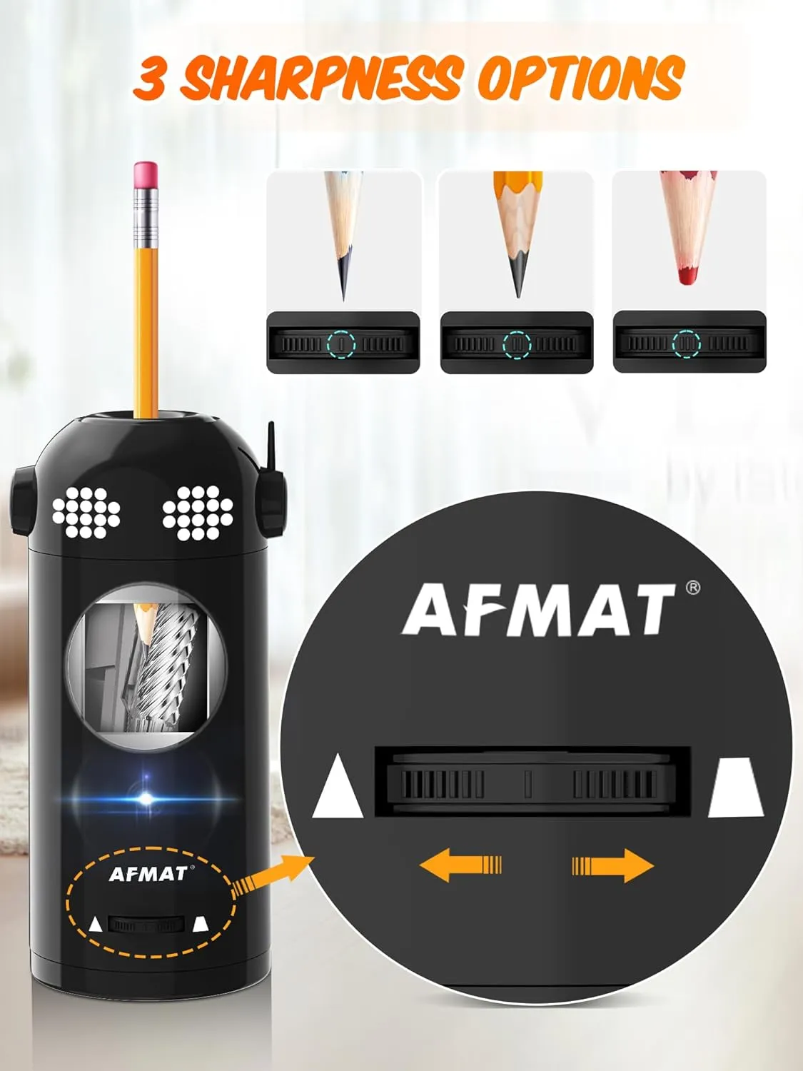 AFMAT Electric Pencil Sharpener - Fully Automatic, Robot for 7-11.5mm Pencils, Rechargeable, Hands-Free, Battery Operated for Home, Office, Classroom