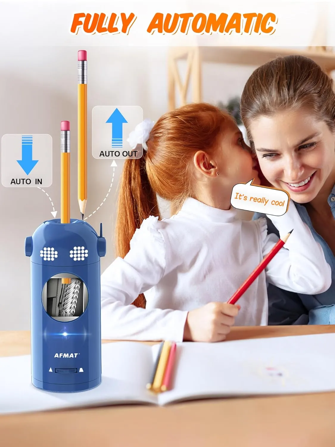 AFMAT Electric Pencil Sharpener Fully Automatic, Robot Pencil Sharpener for 7-11.5mm Pencils, Rechargeable Pencil Sharpener Hands-Free, Battery Operated Pencil Sharpener for Home, Office, Classroom
