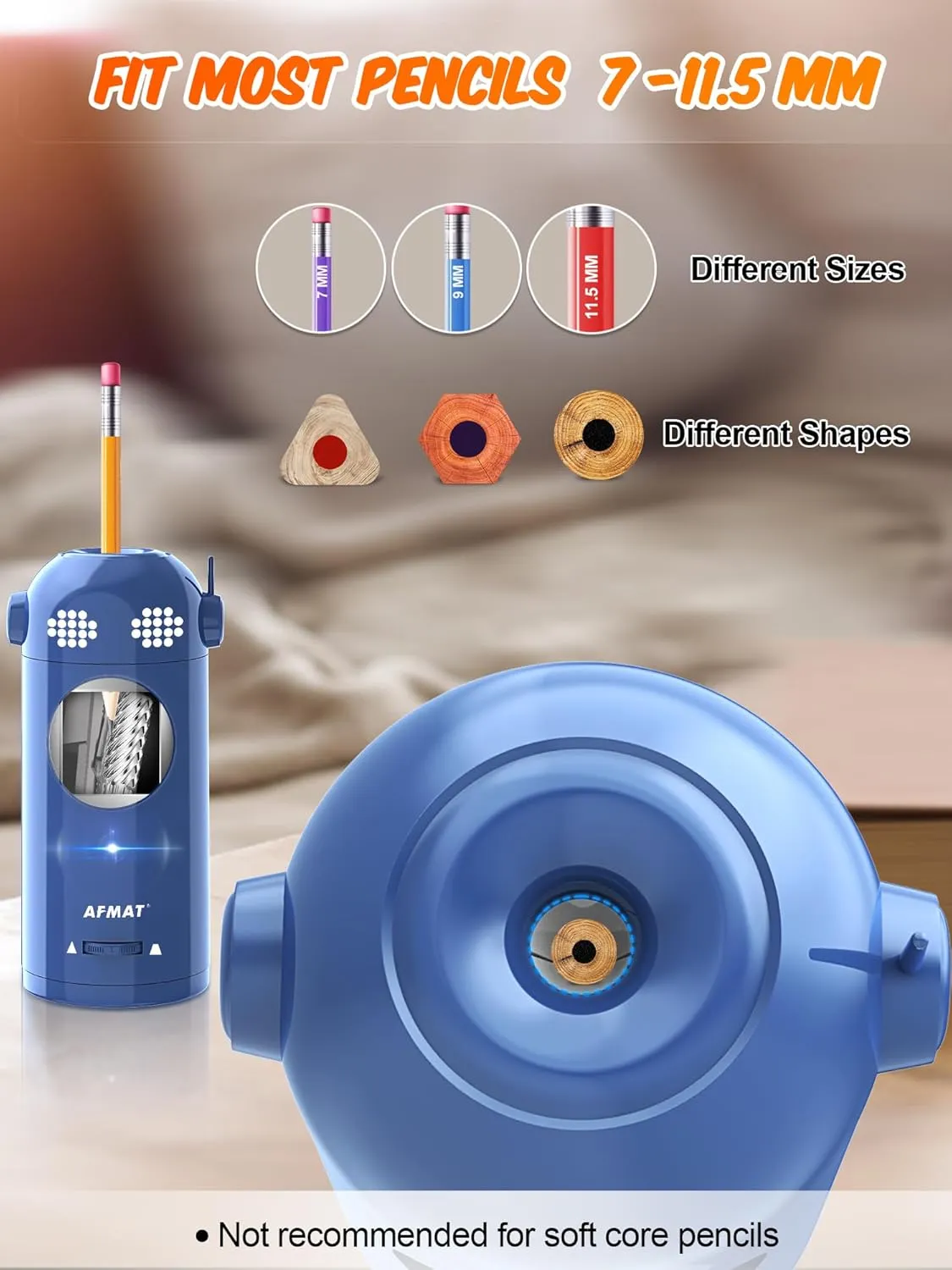 AFMAT Electric Pencil Sharpener Fully Automatic, Robot Pencil Sharpener for 7-11.5mm Pencils, Rechargeable Pencil Sharpener Hands-Free, Battery Operated Pencil Sharpener for Home, Office, Classroom