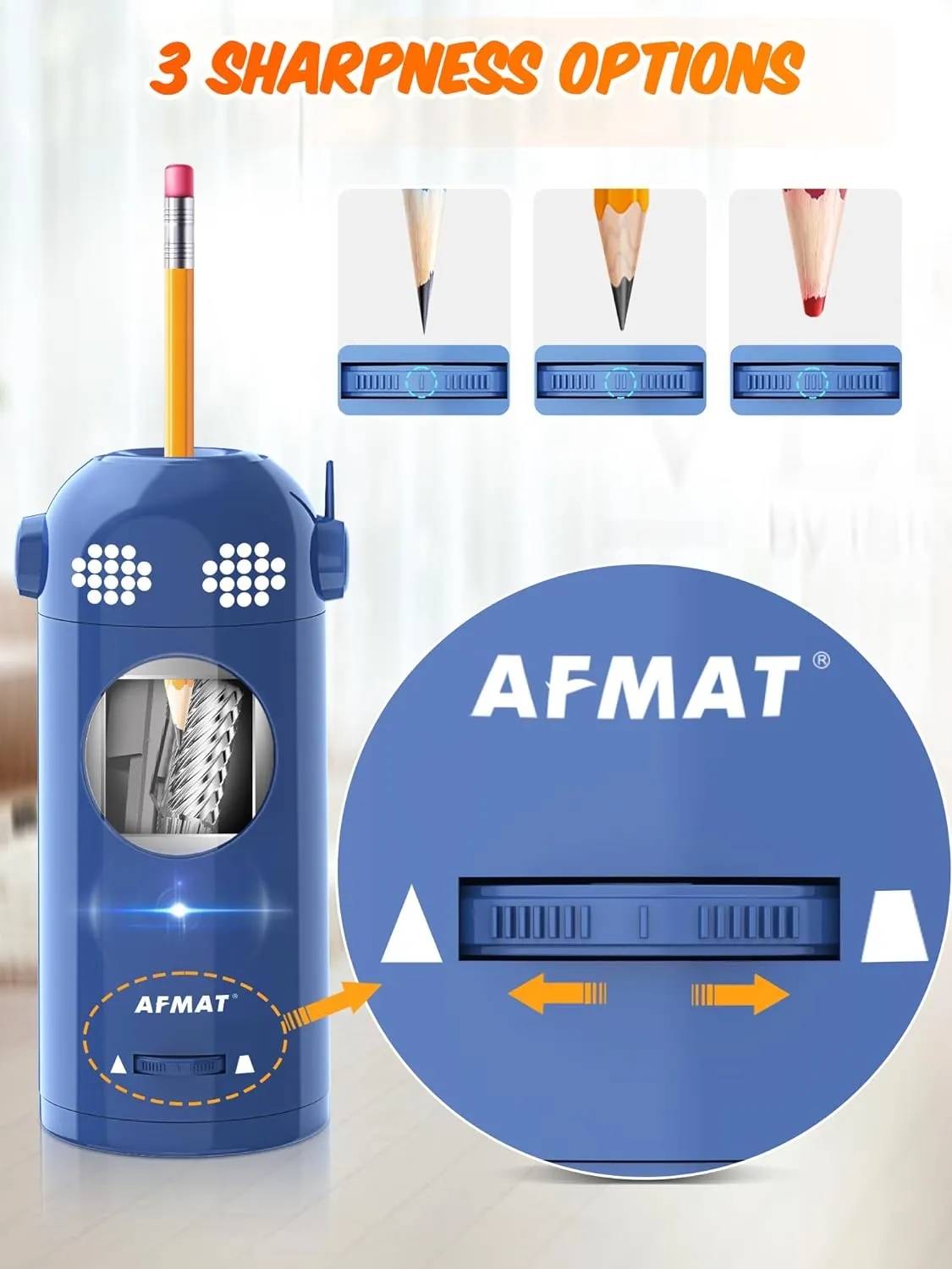 AFMAT Electric Pencil Sharpener Fully Automatic, Robot Pencil Sharpener for 7-11.5mm Pencils, Rechargeable Pencil Sharpener Hands-Free, Battery Operated Pencil Sharpener for Home, Office, Classroom