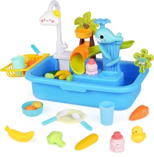 Agirlgle Play Sink with Running Water,3-in-1 Toddler Kitchen Toys Upgraded Water Slide Track,Pool Floating Fishing Toys for Water Play,Kitchen Accessories Kids Role Play Dishwasher Toy (Dolphin Sink)