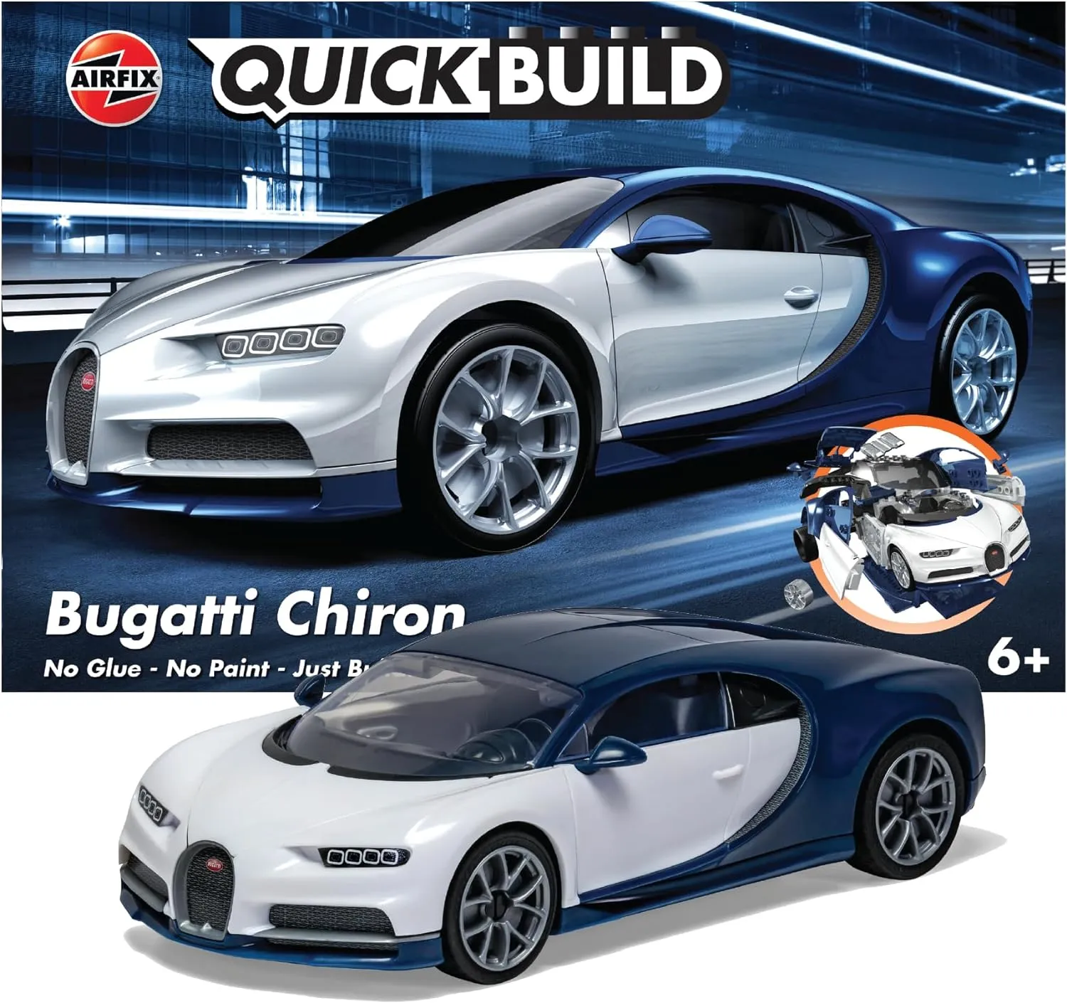 Airfix Quickbuild Bugatti Chiron Brick Building Plastic Model Kit Car J6044,Blue