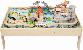 Amazon Basics 120 Piece Wooden Train Set with Table, Sturdy Tracks and Storage Bin, Multi-Activity, Kids Gift for Age 3Y , 48.62 x 18.07 x 7.01 in