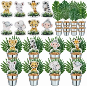 Amyhill 58 Pcs 8 Sets Jungle Animals Centerpieces for Table Safari Baby Shower Party Decorations with Palm Leaves Metal Buckets Jungle Animals Cutouts for Safari Wild One Birthday Party Decor