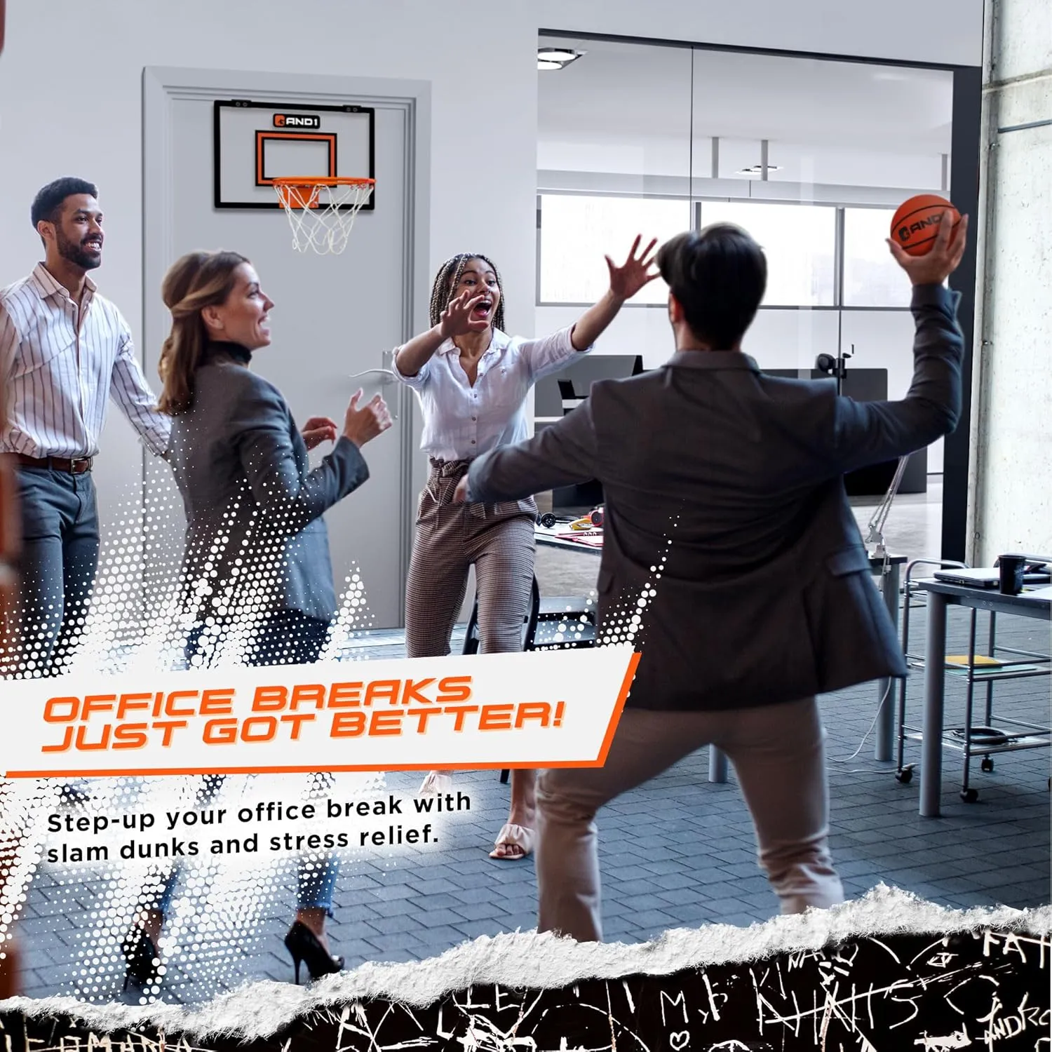 AND1 Over the Door Mini Basketball Hoop: 18x12 Shatterproof Backboard, 2 Mini Basketballs, and Hand Pump Included- Ultimate Indoor Basketball Accessory for Kids and Adults, No Tools Required