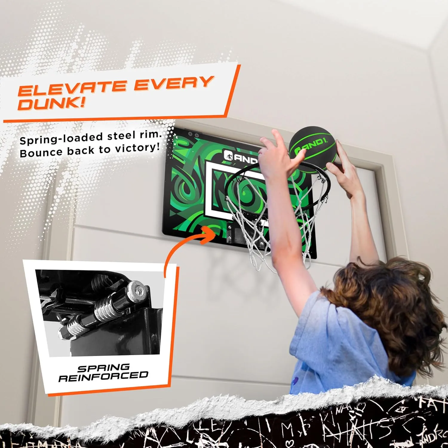 AND1 Over the Door Mini Basketball Hoop: 18x12 Shatterproof Backboard, 2 Mini Basketballs, and Hand Pump Included- Ultimate Indoor Basketball Accessory for Kids and Adults, No Tools Required