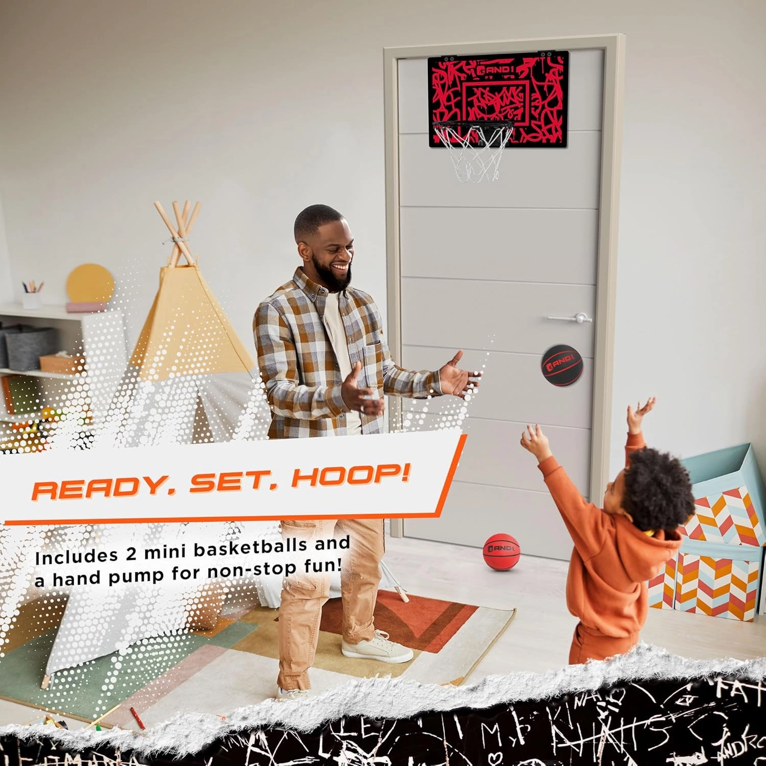 AND1 Over the Door Mini Basketball Hoop: 18x12 Shatterproof Backboard, 2 Mini Basketballs, and Hand Pump Included- Ultimate Indoor Basketball Accessory for Kids and Adults, No Tools Required