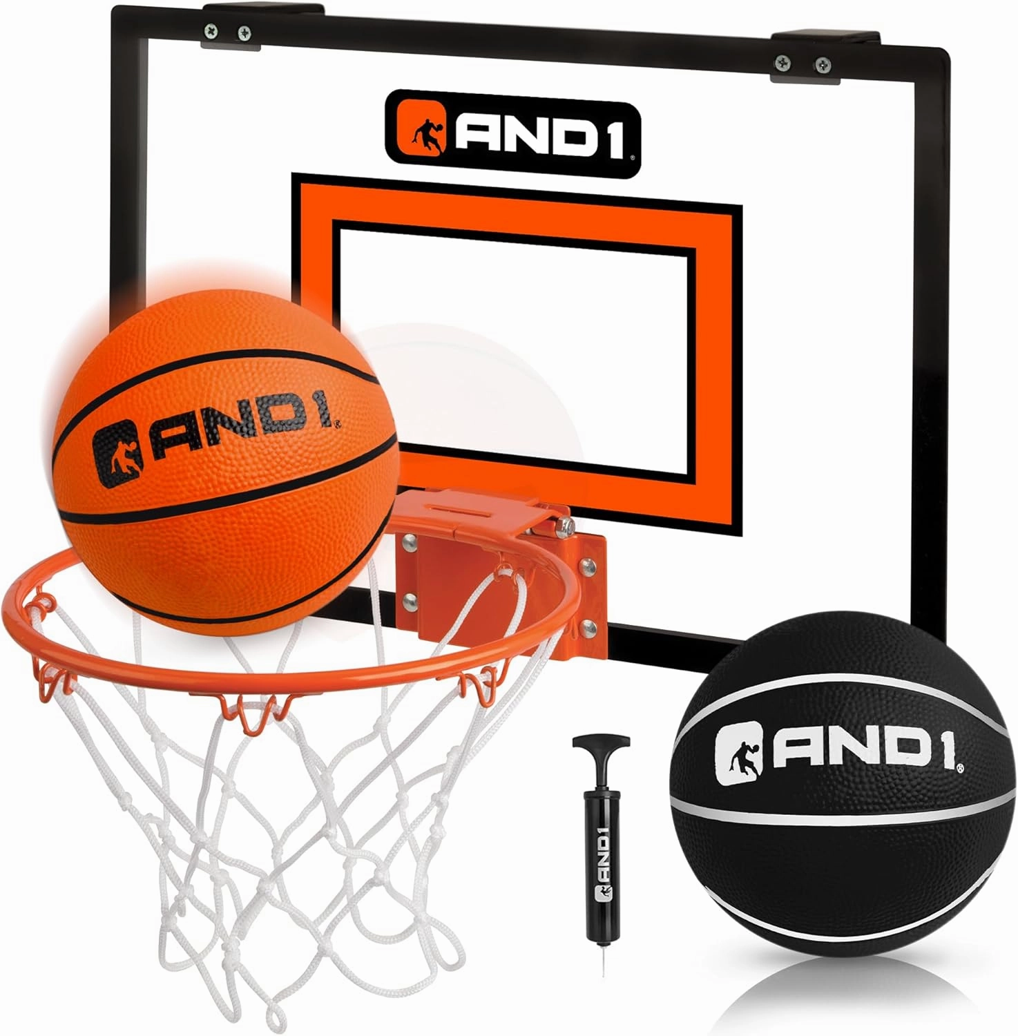 AND1 Over the Door Mini Basketball Hoop: 18x12 Shatterproof Backboard, 2 Mini Basketballs, and Hand Pump Included- Ultimate Indoor Basketball Accessory for Kids and Adults, No Tools Required