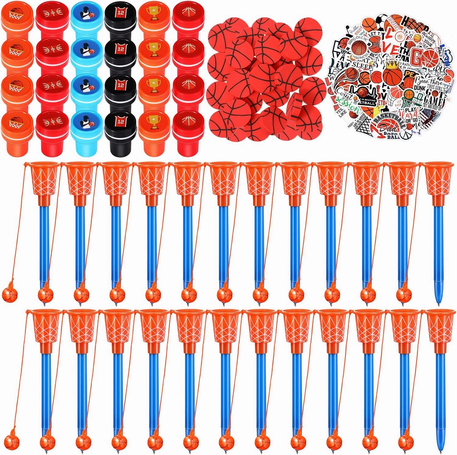 Aoriher 122 Pcs Basketball Party Favors, Includes Basketball Stampers, Hoop Pens, Mini Pencil Erasers, Stickers, Self Inking Stamps for Kids, Students, Party Supplies, Classroom Prizes