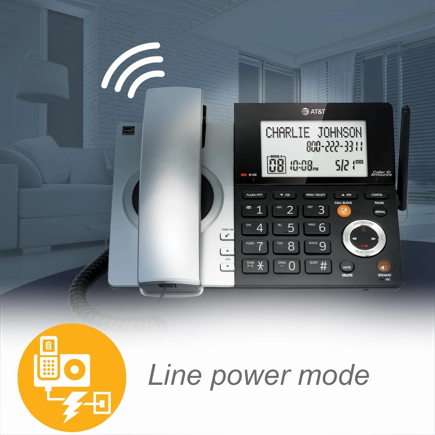 AT&T CL84307 Dect 6.0 Expandable Corded/Cordless Phone with Smart Call Blocker, Silver/Black with 3 Handsets