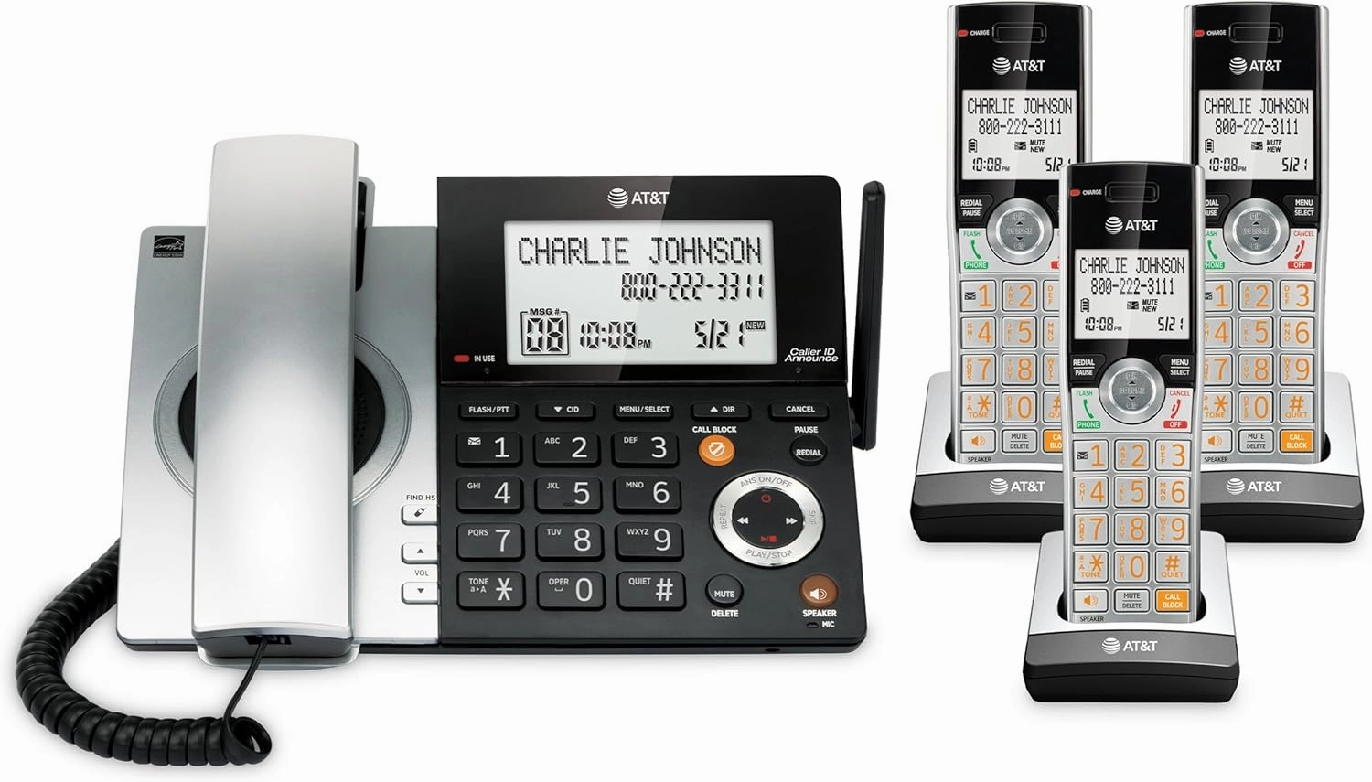 AT&T CL84307 Dect 6.0 Expandable Corded/Cordless Phone with Smart Call Blocker, Silver/Black with 3 Handsets