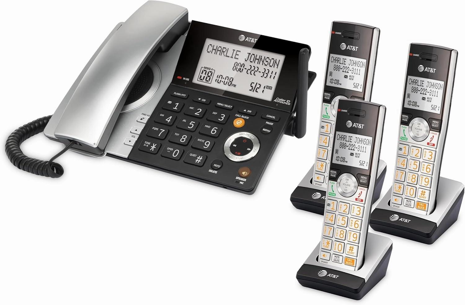 AT&T CL84307 Dect 6.0 Expandable Corded/Cordless Phone with Smart Call Blocker, Silver/Black with 3 Handsets