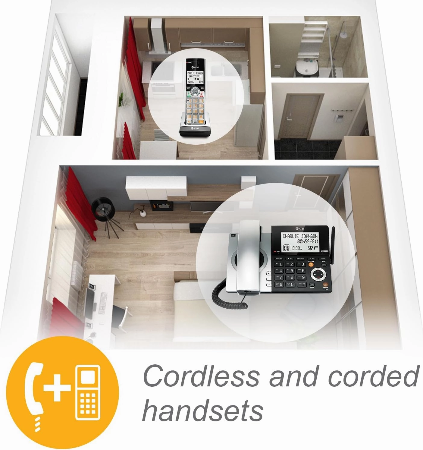 AT&T CL84307 Dect 6.0 Expandable Corded/Cordless Phone with Smart Call Blocker, Silver/Black with 3 Handsets