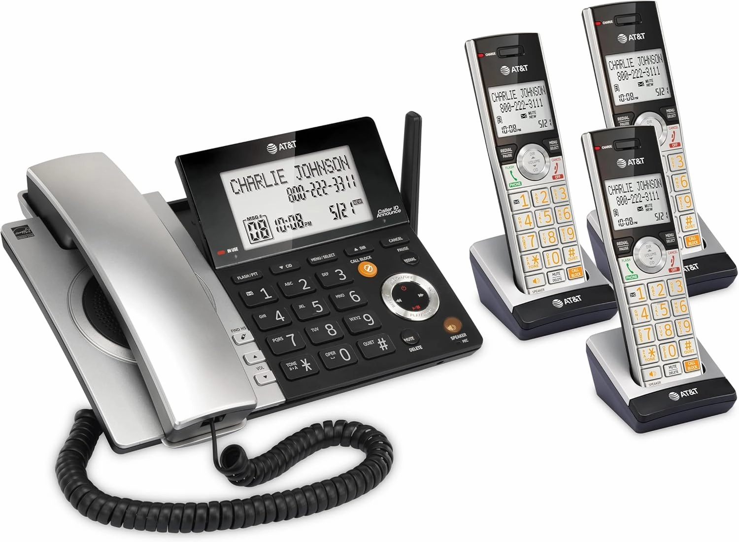AT&T CL84307 Dect 6.0 Expandable Corded/Cordless Phone with Smart Call Blocker, Silver/Black with 3 Handsets