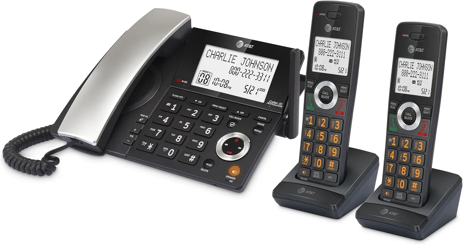 AT&T DECT 6.0 Corded/Cordless Home Phone with 2-Handset and Answering Machine, Smart Call Blocker, Caller ID, Large Backlit Display, Big Button, Speakerphone, Intercom: CL84218 (Charcoal Black)