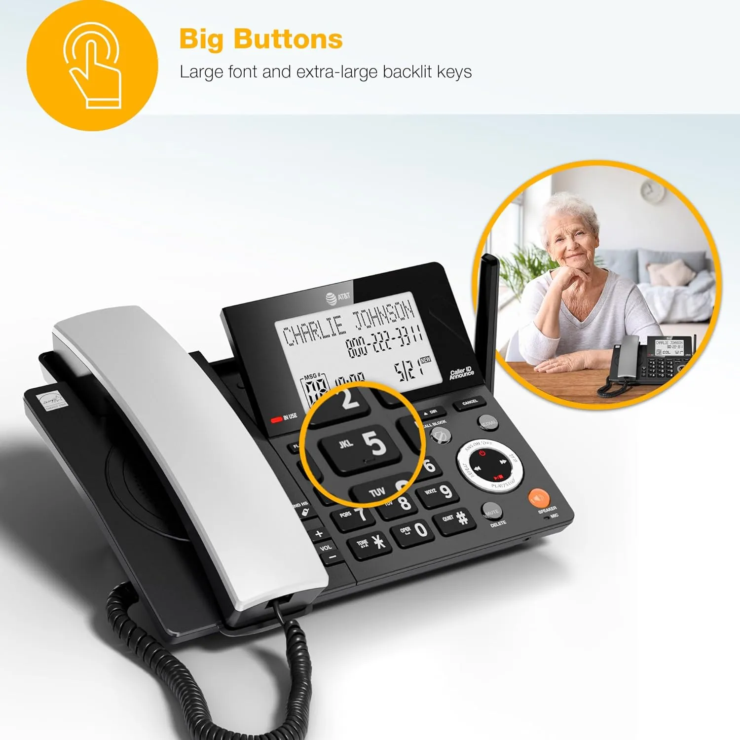 AT&T DECT 6.0 Corded/Cordless Home Phone with 2-Handset and Answering Machine, Smart Call Blocker, Caller ID, Large Backlit Display, Big Button, Speakerphone, Intercom: CL84218 (Charcoal Black)