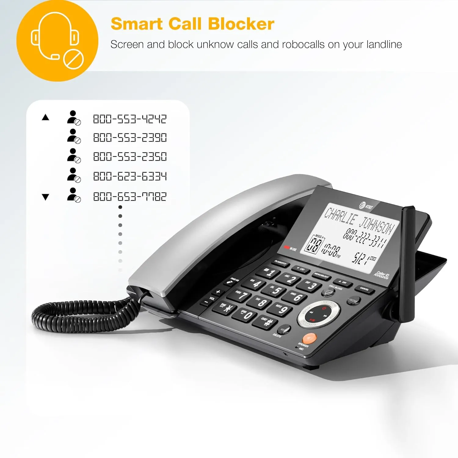 AT&T DECT 6.0 Corded/Cordless Home Phone with 2-Handset and Answering Machine, Smart Call Blocker, Caller ID, Large Backlit Display, Big Button, Speakerphone, Intercom: CL84218 (Charcoal Black)