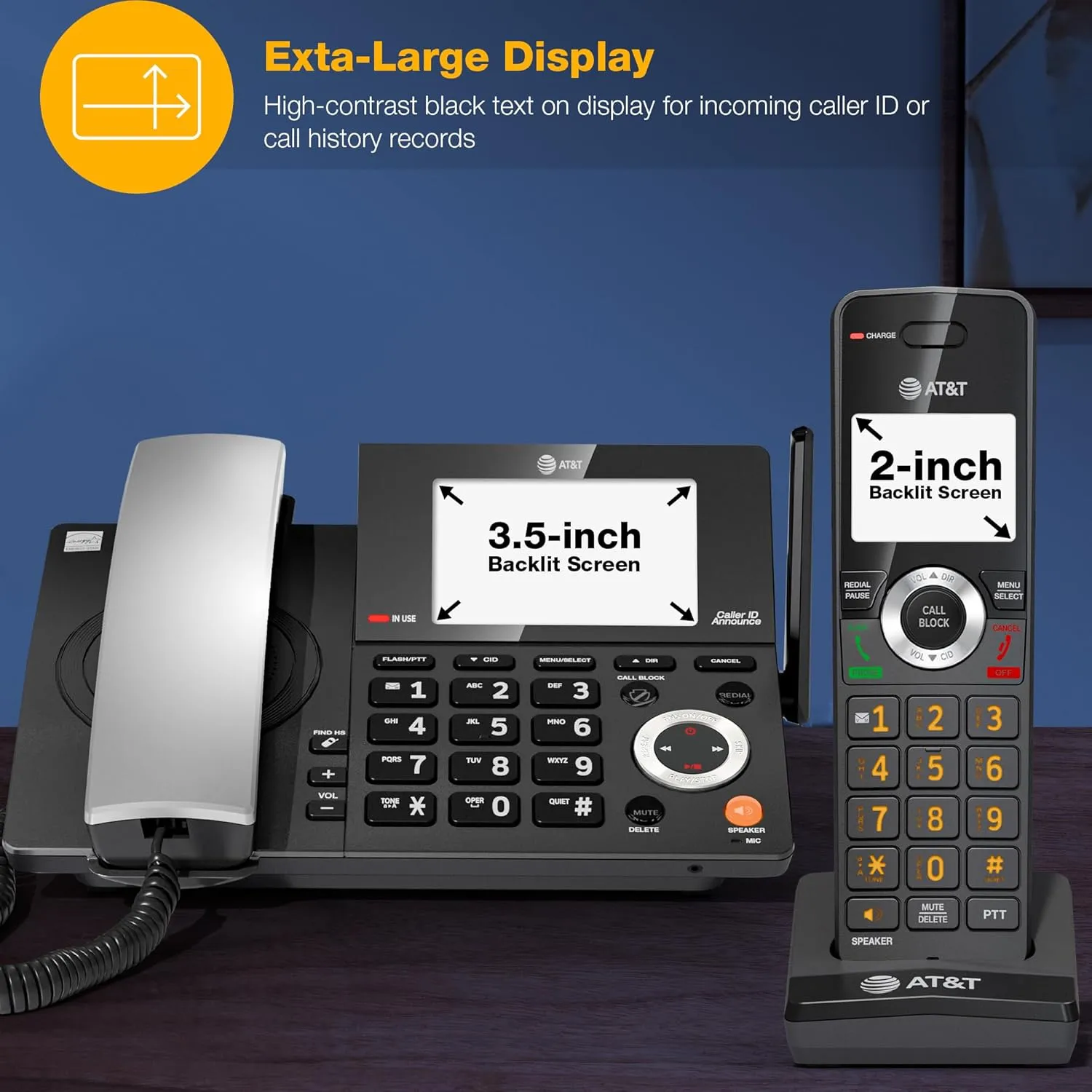 AT&T DECT 6.0 Corded/Cordless Home Phone with 2-Handset and Answering Machine, Smart Call Blocker, Caller ID, Large Backlit Display, Big Button, Speakerphone, Intercom: CL84218 (Charcoal Black)