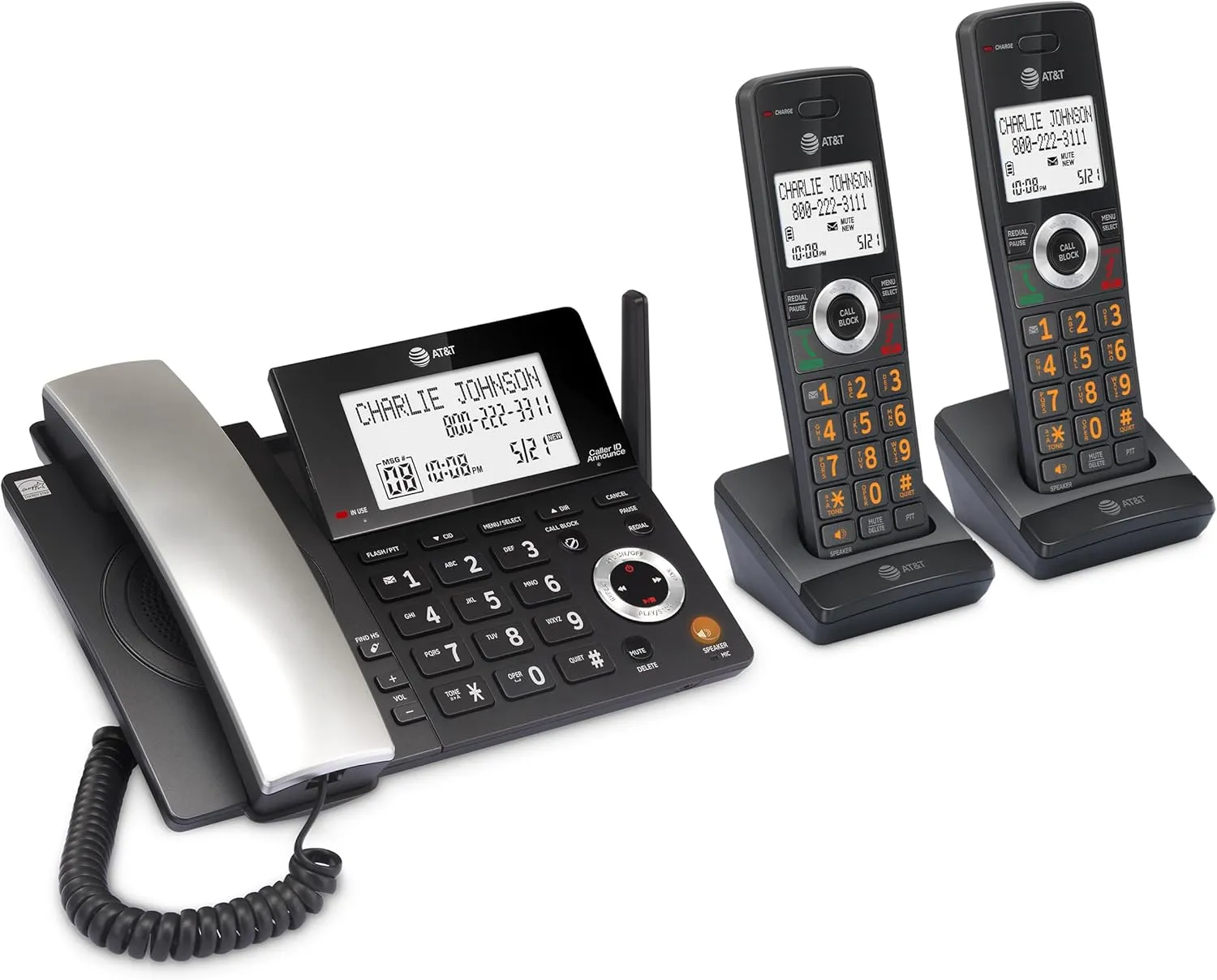 AT&T DECT 6.0 Corded/Cordless Home Phone with 2-Handset and Answering Machine, Smart Call Blocker, Caller ID, Large Backlit Display, Big Button, Speakerphone, Intercom: CL84218 (Charcoal Black)
