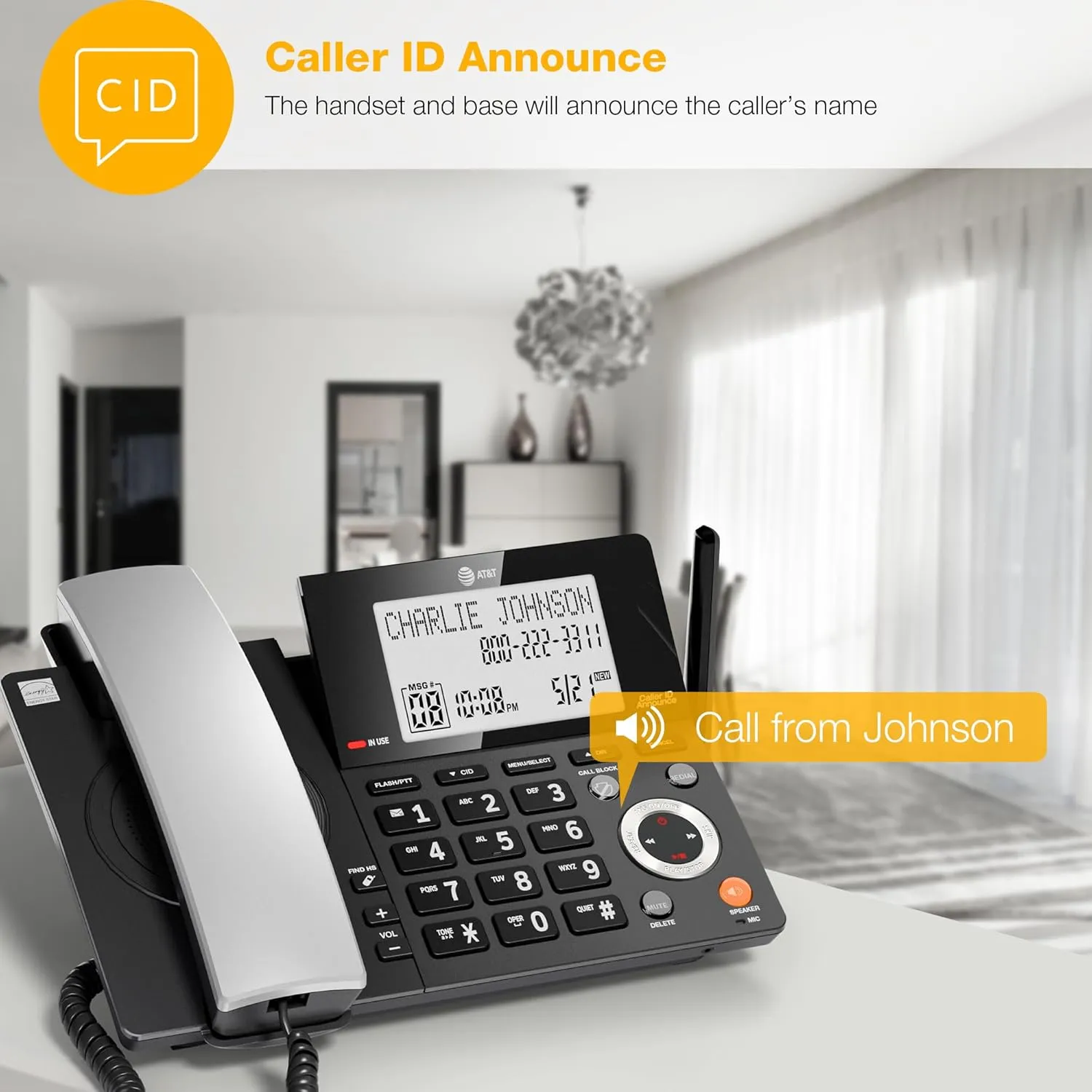 AT&T DECT 6.0 Corded/Cordless Home Phone with 2-Handset and Answering Machine, Smart Call Blocker, Caller ID, Large Backlit Display, Big Button, Speakerphone, Intercom: CL84218 (Charcoal Black)