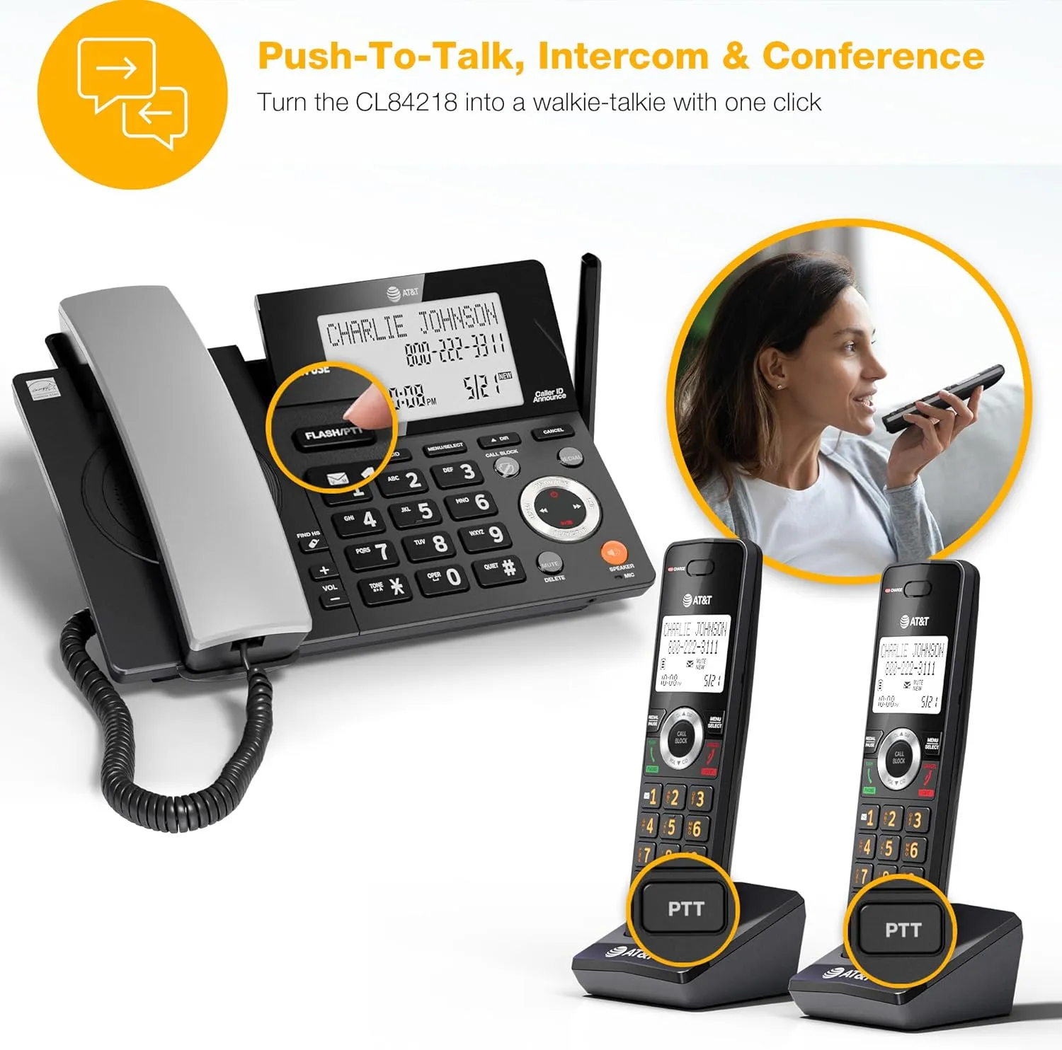 AT&T DECT 6.0 Corded/Cordless Home Phone with 2-Handset and Answering Machine, Smart Call Blocker, Caller ID, Large Backlit Display, Big Button, Speakerphone, Intercom: CL84218 (Charcoal Black)