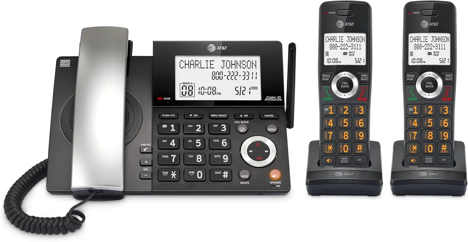 AT&T DECT 6.0 Corded/Cordless Home Phone with 2-Handset and Answering Machine, Smart Call Blocker, Caller ID, Large Backlit Display, Big Button, Speakerphone, Intercom: CL84218 (Charcoal Black)