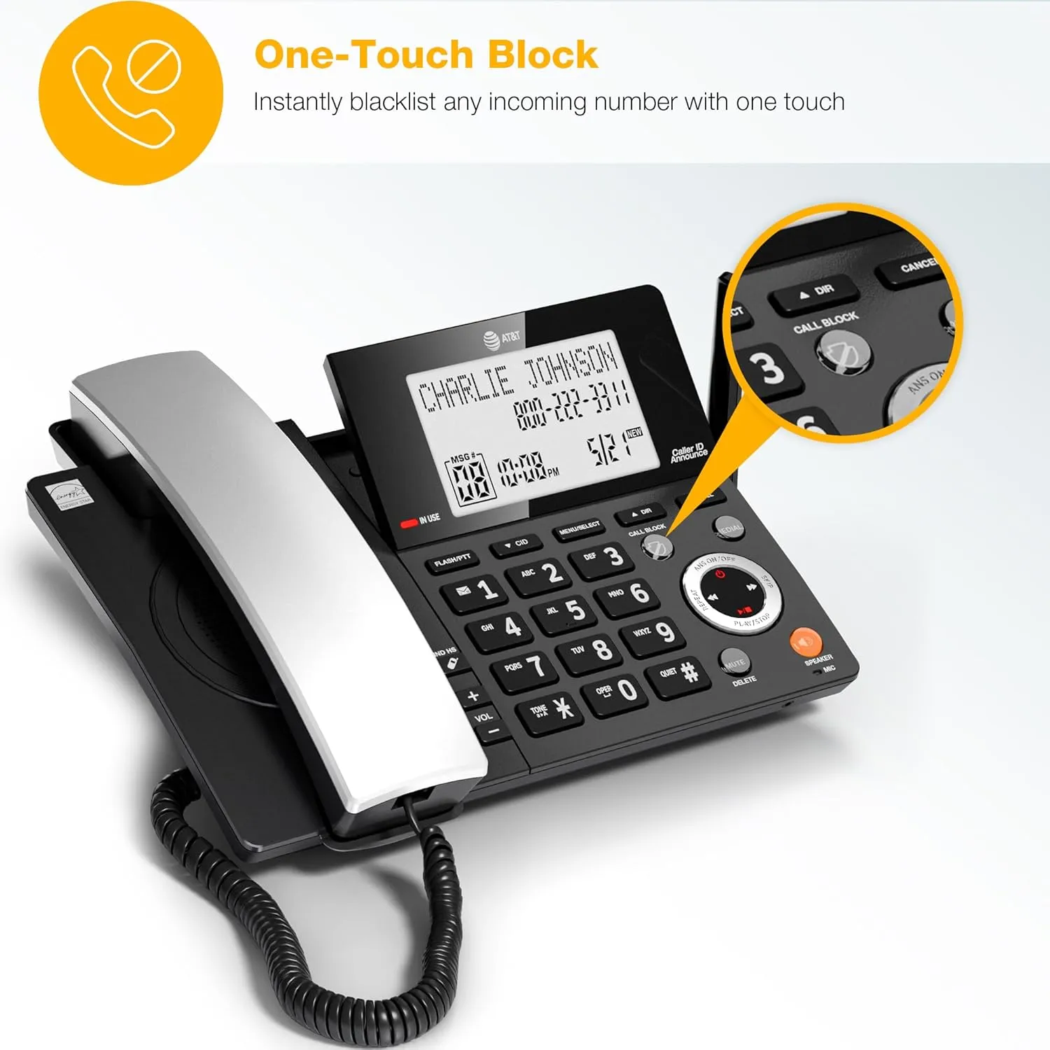 AT&T DECT 6.0 Corded/Cordless Home Phone with 2-Handset and Answering Machine, Smart Call Blocker, Caller ID, Large Backlit Display, Big Button, Speakerphone, Intercom: CL84218 (Charcoal Black)