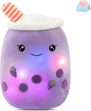 Athoinsu Light Up Grape Boba Tea Soft Plush Pillow 10'' Kawaii Milky Tea Stuffed Bubble Animal Toy with LED Lights Birthday Christmas Holiday Valentines Gifts for Kids,Girls,Boys