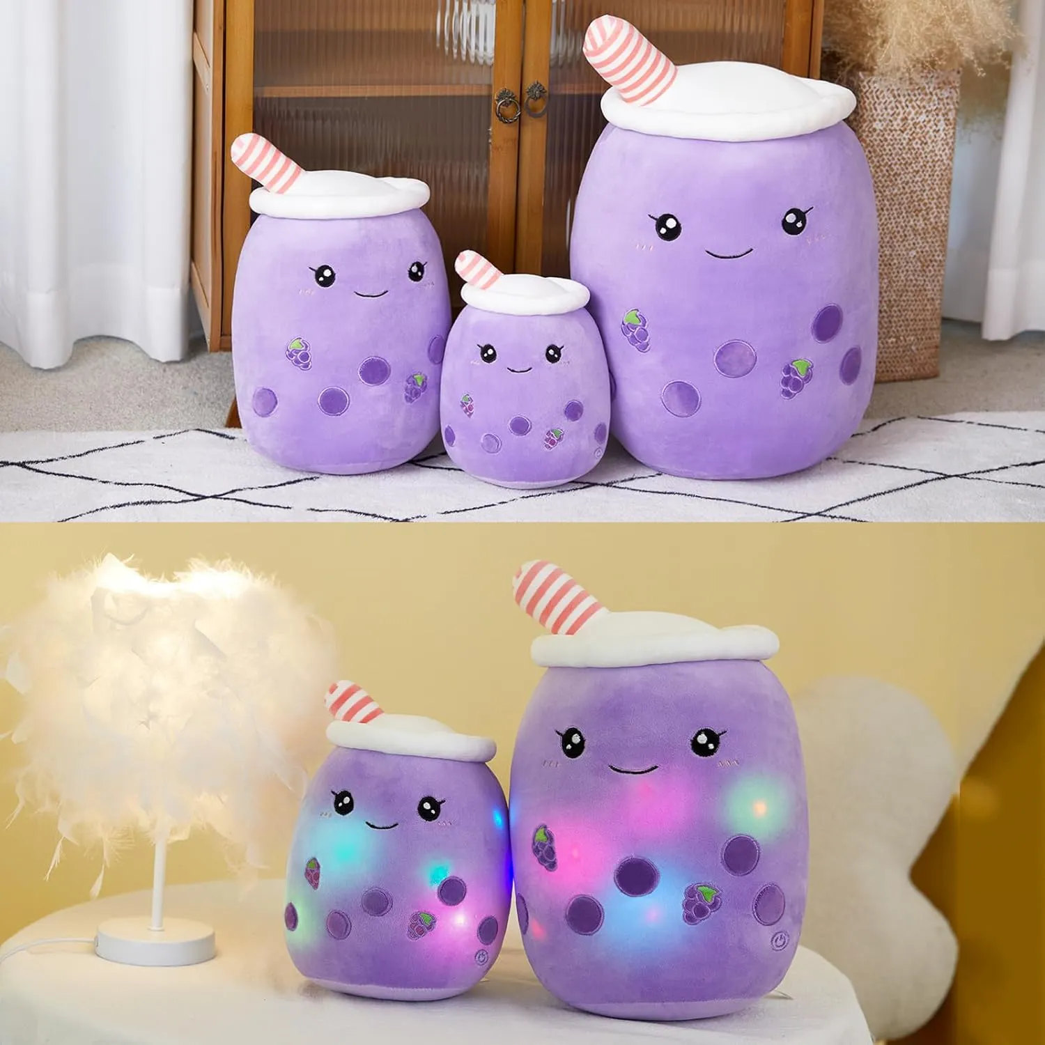 Athoinsu Light Up Grape Boba Tea Soft Plush Pillow 10'' Kawaii Milky Tea Stuffed Bubble Animal Toy with LED Lights Birthday Christmas Holiday Valentines Gifts for Kids,Girls,Boys
